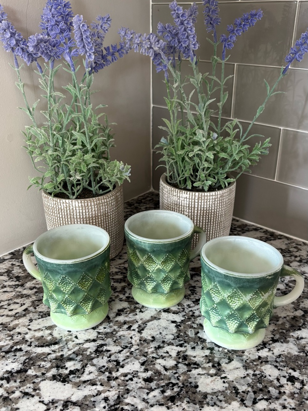 Vintage Anchor Hocking Fire King Green Kimberly Diamond Mugs - Set of 3